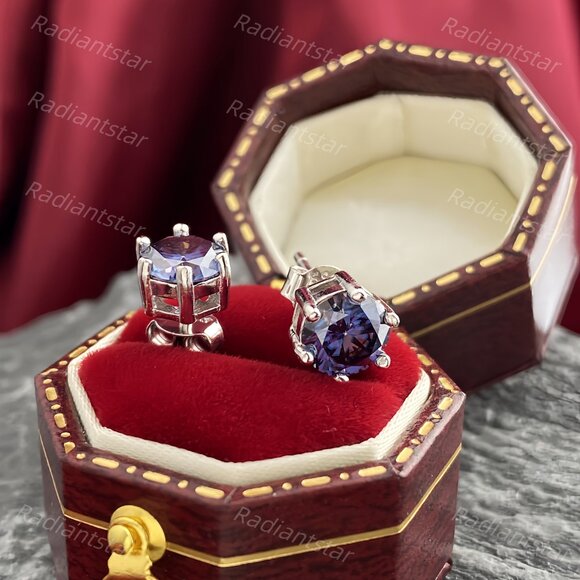 NEW Certified 2ct. Imperial Purple Moissanite 6 Prone Solitaire Stud Earrings - Picture 4 of 7